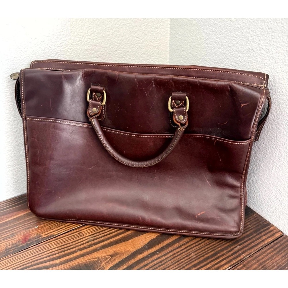 Levenger Mens Brown Leather Inner Pockets Top Handles Briefcase Messenger Bag